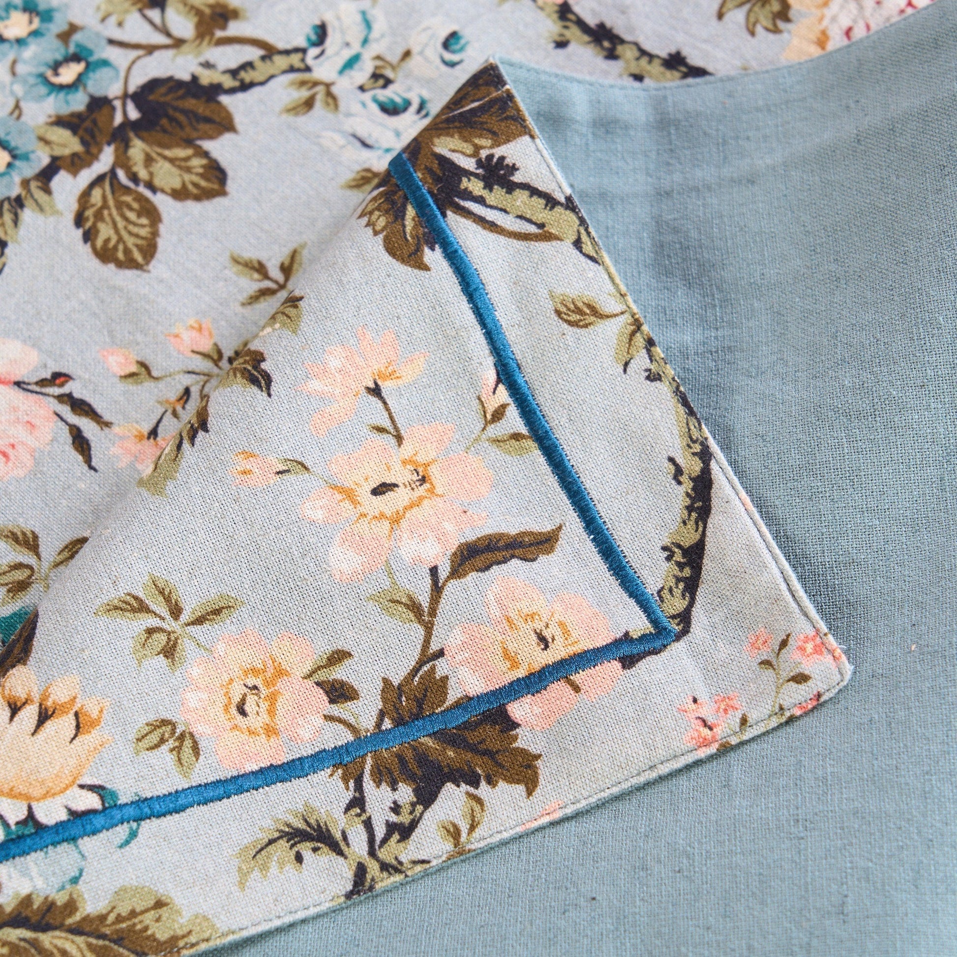 Vintage Rose Print Duck Egg Linen Cotton Table Runner