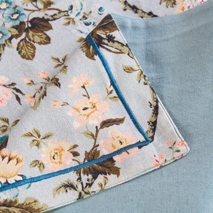 Vintage Rose Print Duck Egg Linen Cotton Table Runner