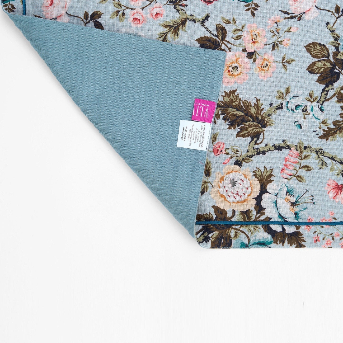 Duck Egg Linen Cotton Placemat with Vintage Rose Print