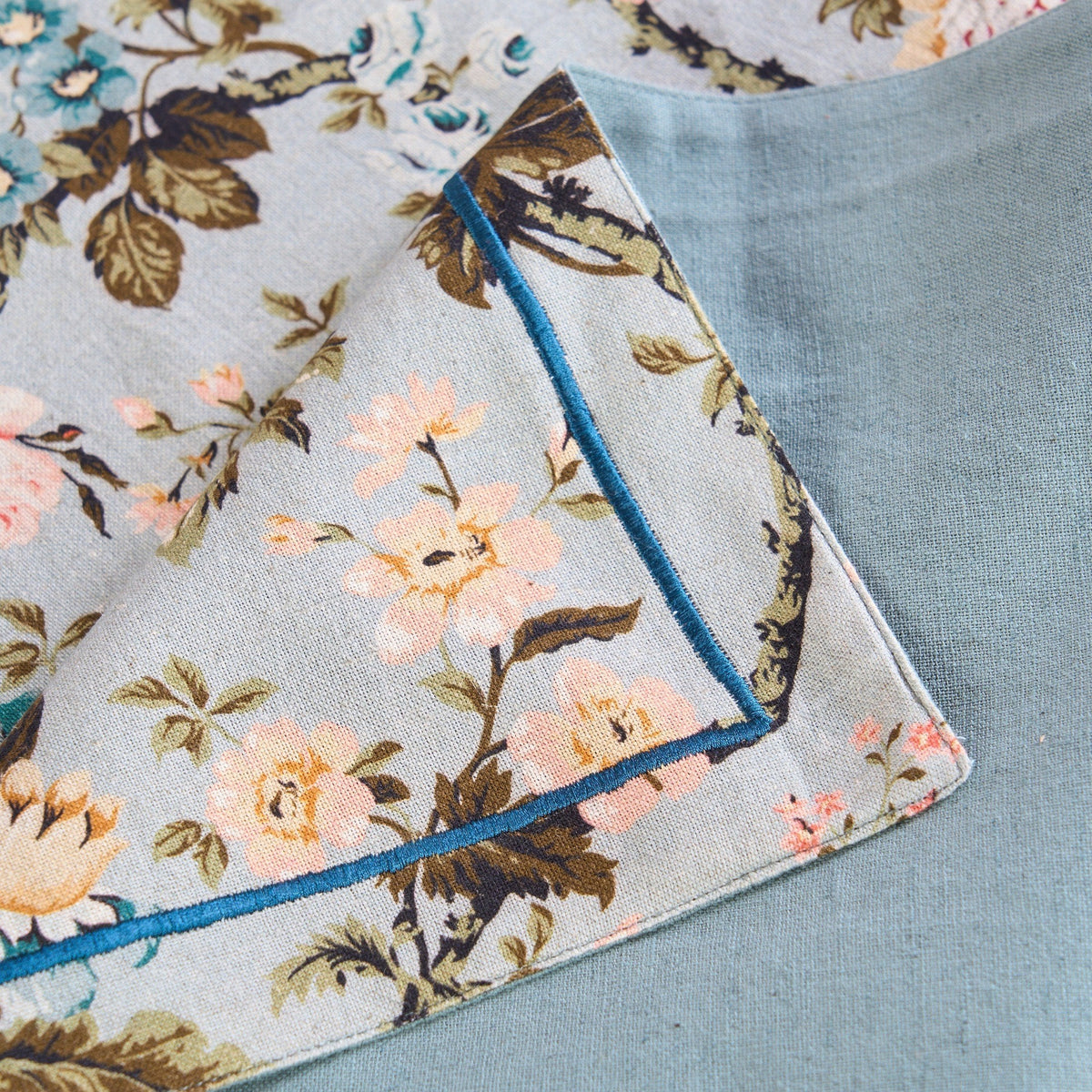 Amour Duck Egg Linen Table Runner | Vintage Rose Print | 4 & 6 Seater