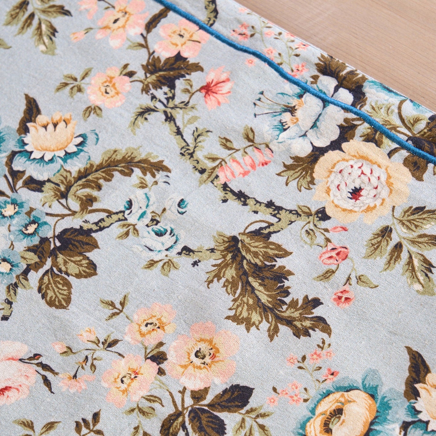 Vintage Rose Print Duck Egg Linen Cotton Table Runner