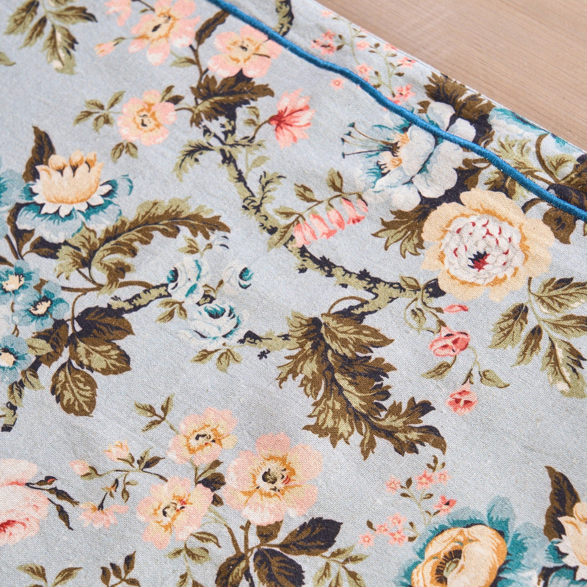 Amour Duck Egg Linen Table Runner | Vintage Rose Print | 4 & 6 Seater