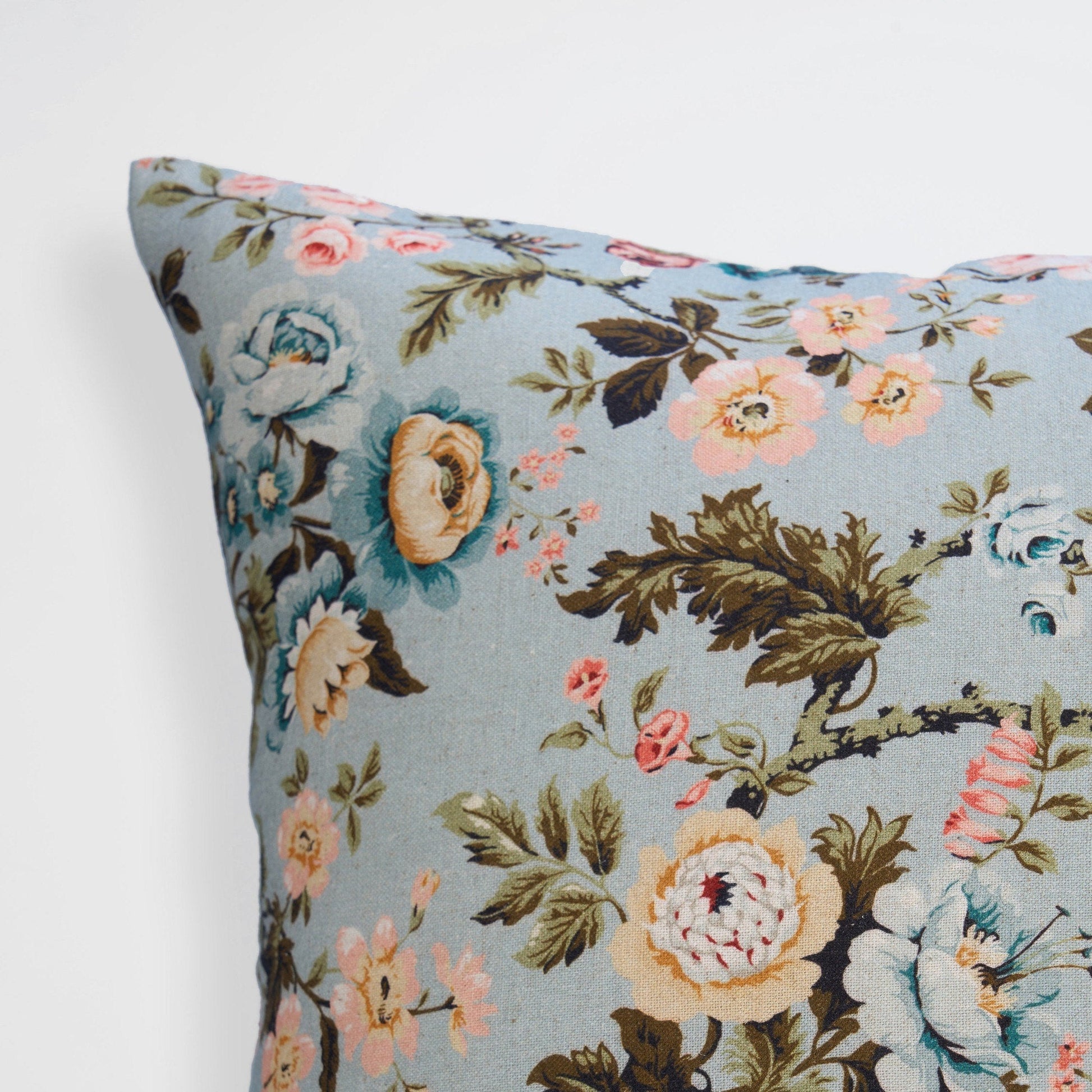 AMOUR Duck Egg Linen Pillow Cover Vintage Rose Print Reversible