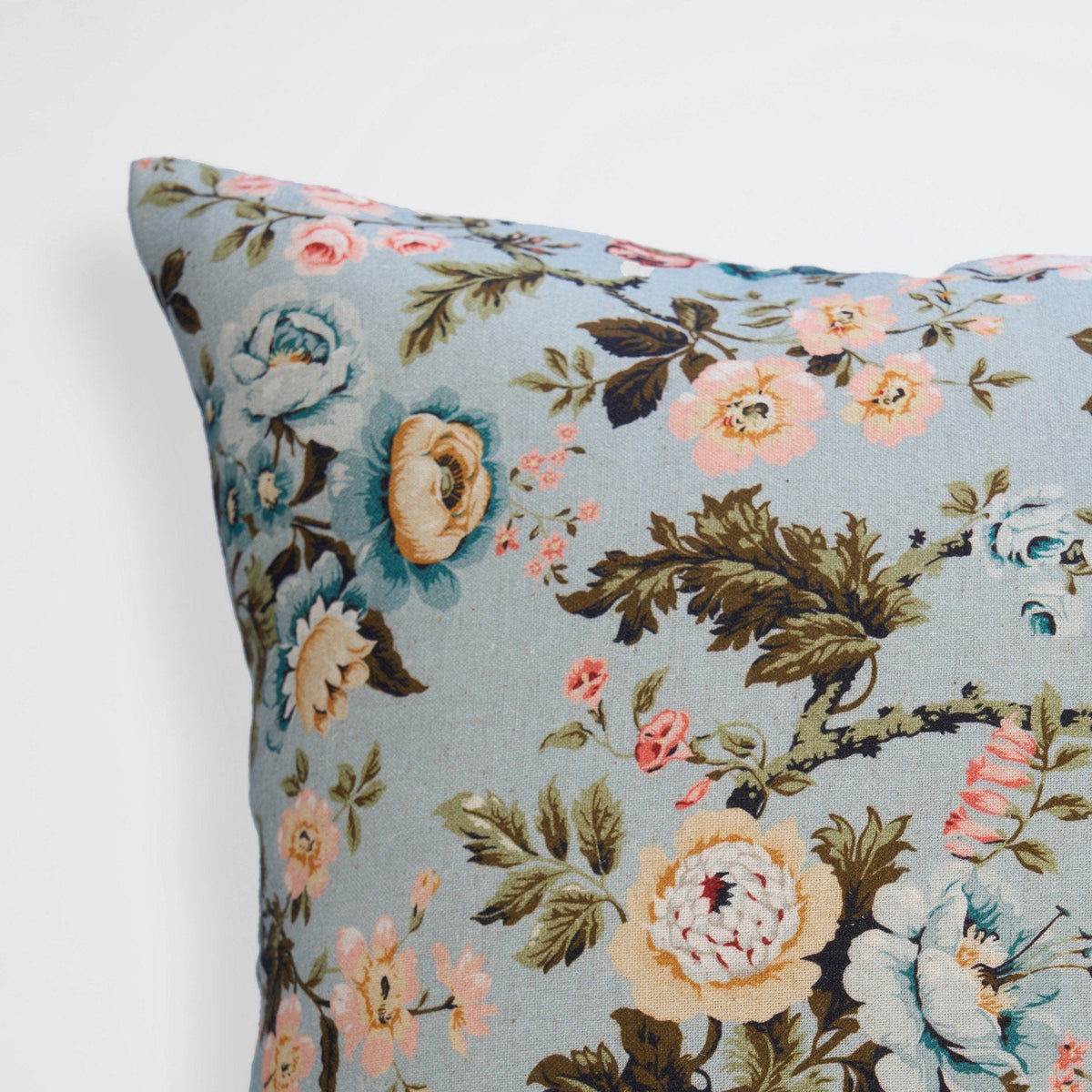 Amour Duck Egg Linen Pillow Cover | Vintage Rose Print | 16×16, 18×18 & 12×30 inches