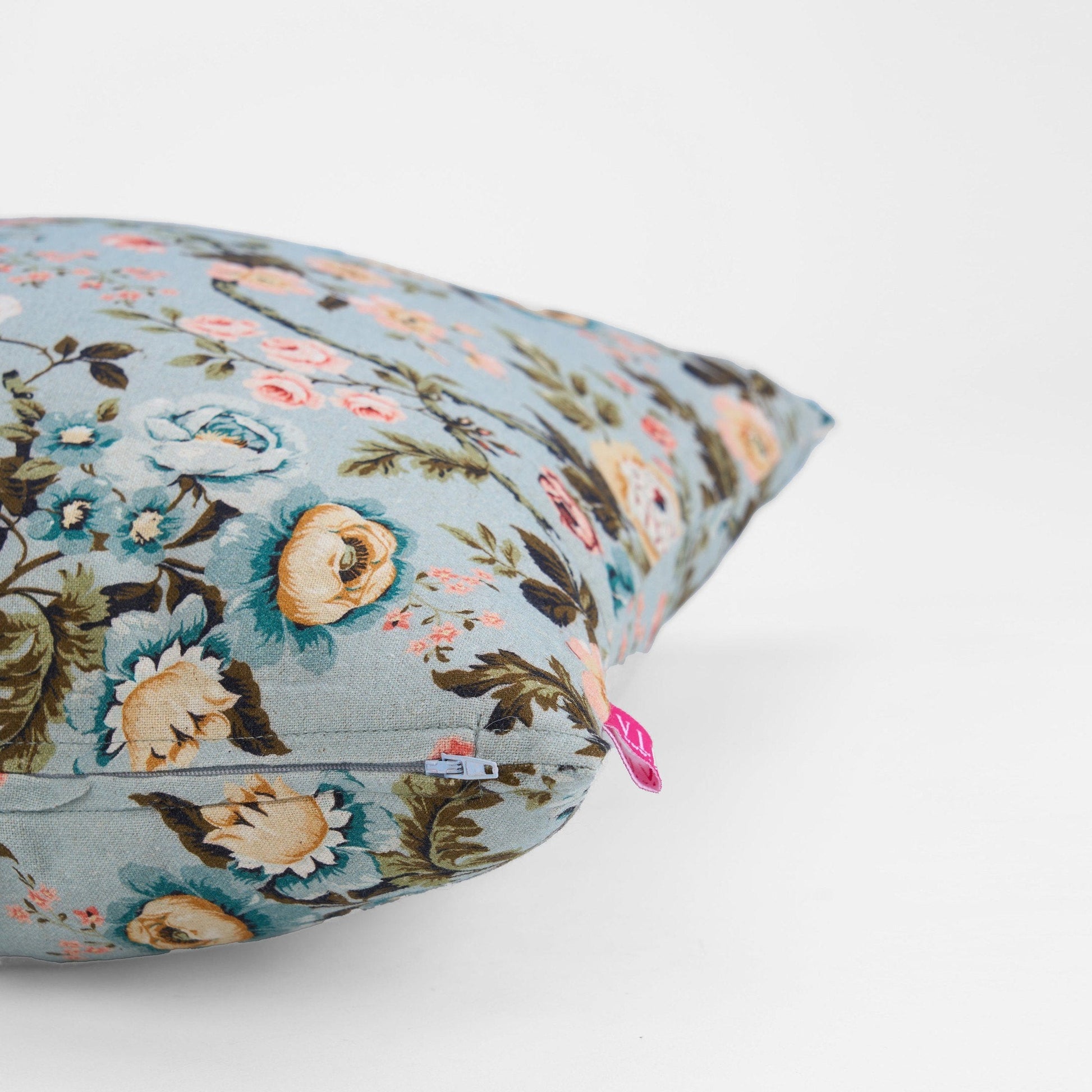 AMOUR Duck Egg Linen Pillow Cover Vintage Rose Print Reversible