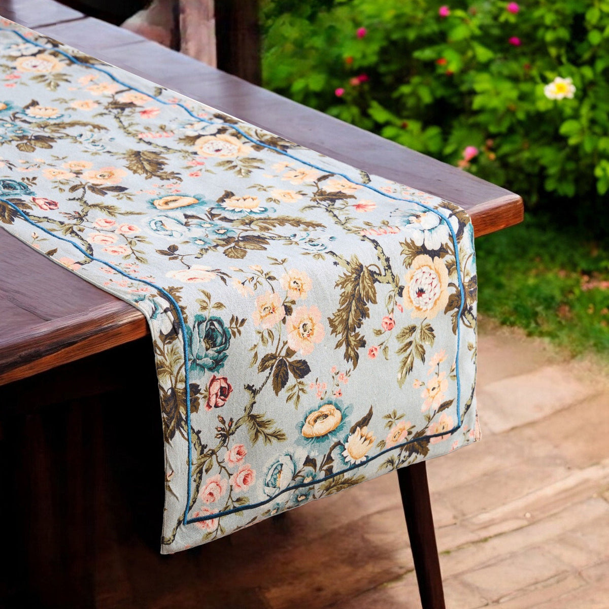 Amour Duck Egg Linen Table Runner | Vintage Rose Print | 4 & 6 Seater