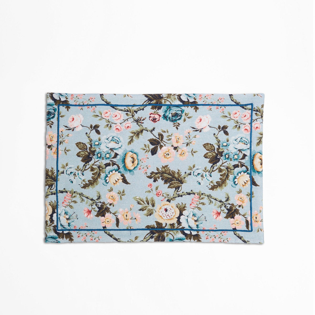 Amour Duck Egg Linen Placemat | Vintage Rose Print & Embroidered Border | 13 × 19 inches | Sets of 2, 4 & 6