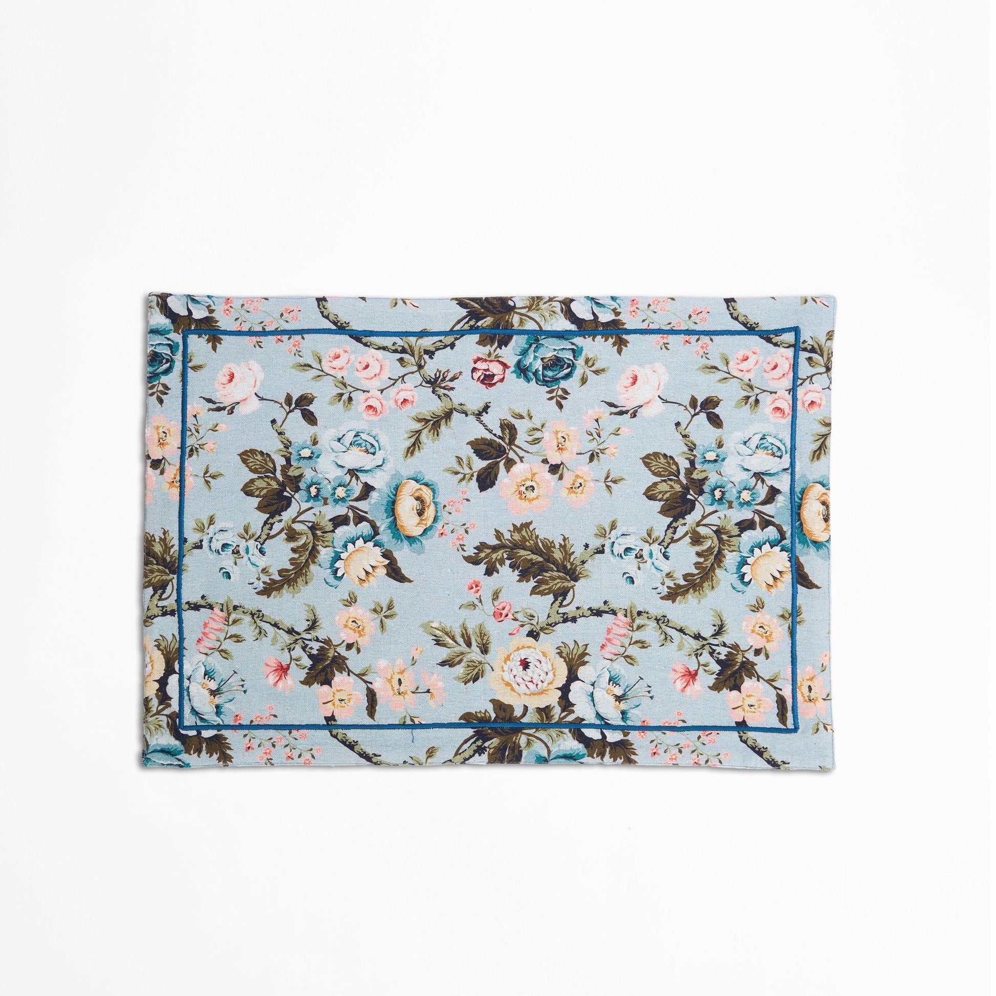 Duck Egg Linen Cotton Placemat with Vintage Rose Print