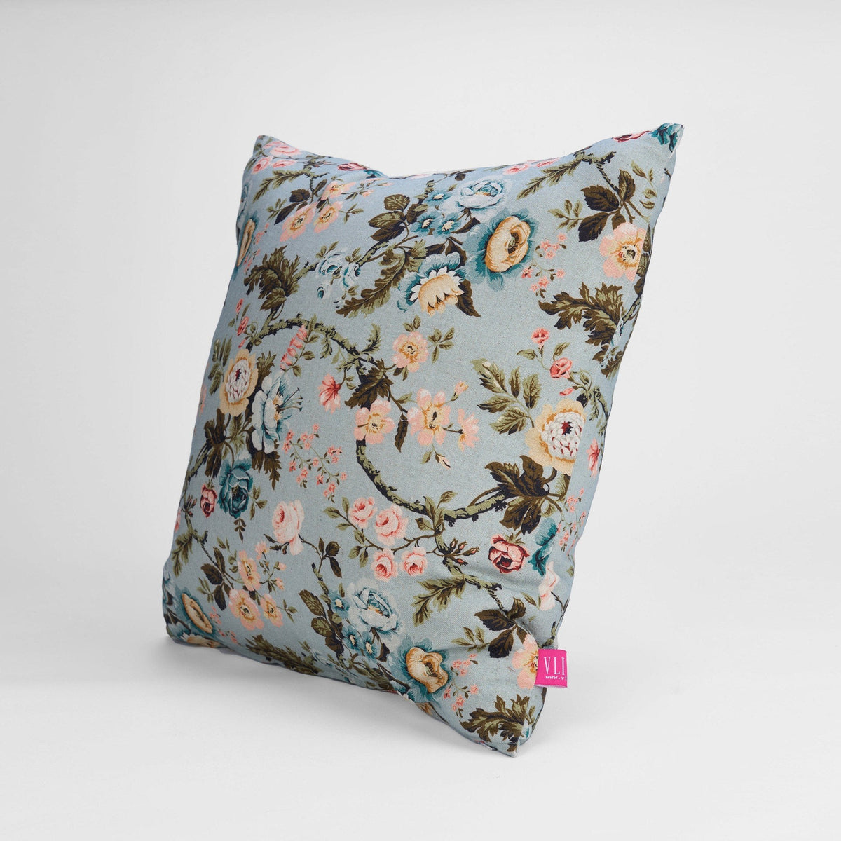 Amour Duck Egg Linen Pillow Cover | Vintage Rose Print | 16×16, 18×18 & 12×30 inches