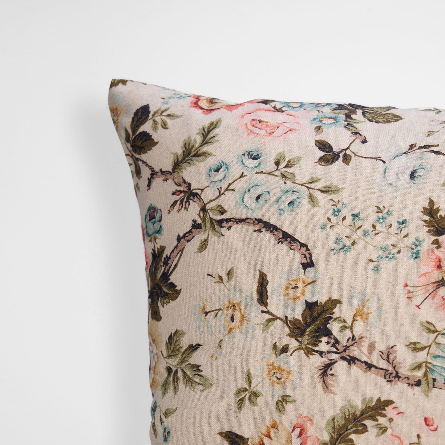 Beige Linen Pillow Cover with Vintage Rose Print Reversible