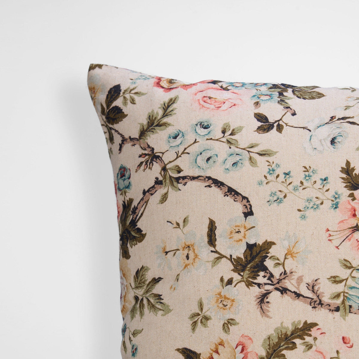 Amour Beige Linen Pillow Cover | Vintage Rose Print | 16×16, 18×18 & 12×30 inches