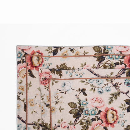 Amour Beige Linen Placemat | Vintage Rose Print & Embroidered Border | 13 × 19 inches | Sets of 2, 4 & 6