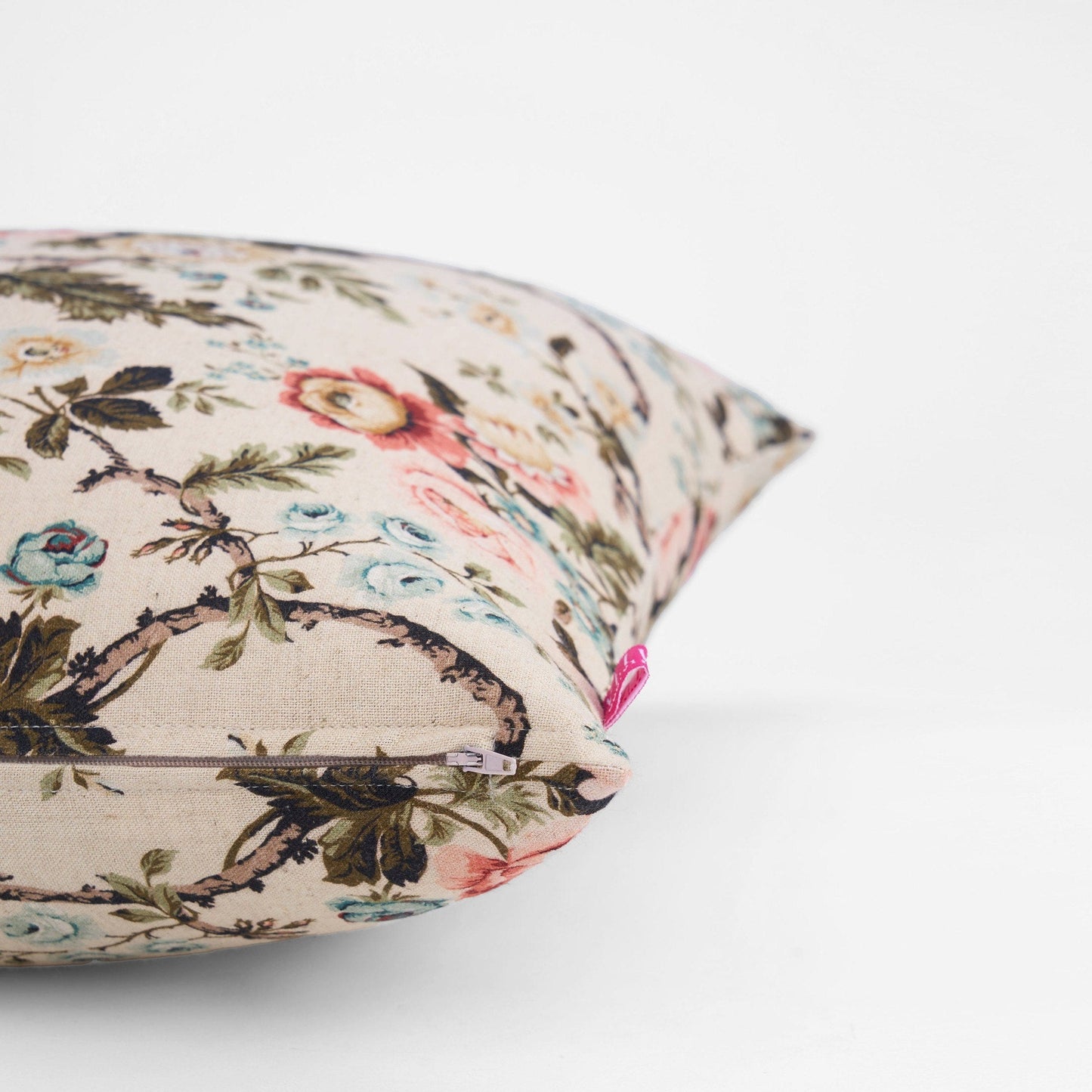 Beige Linen Pillow Cover with Vintage Rose Print Reversible