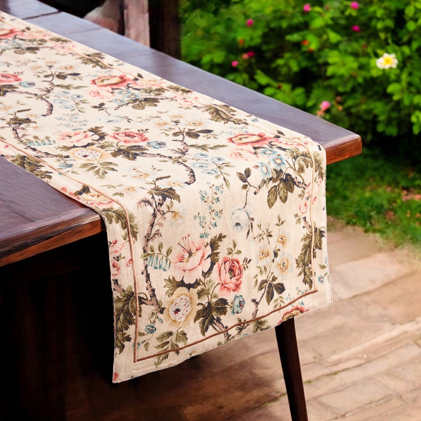 Elegant Beige Vintage Rose Print Linen Cotton Table Runner