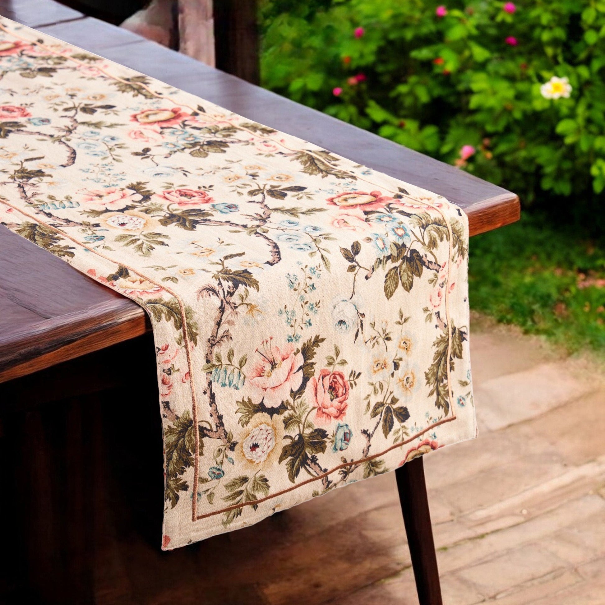 Elegant Beige Vintage Rose Print Linen Cotton Table Runner