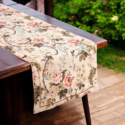 Elegant Beige Vintage Rose Print Linen Cotton Table Runner