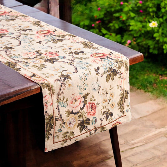 Elegant Beige Vintage Rose Print Linen Cotton Table Runner
