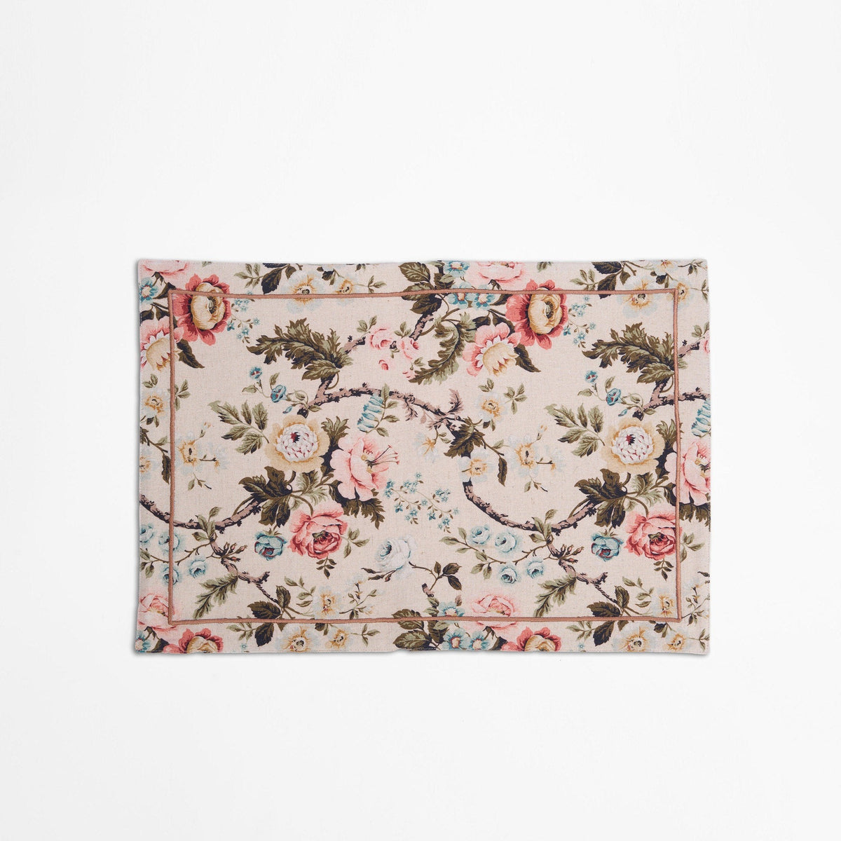 Amour Beige Linen Placemat | Vintage Rose Print & Embroidered Border | 13 × 19 inches | Sets of 2, 4 & 6