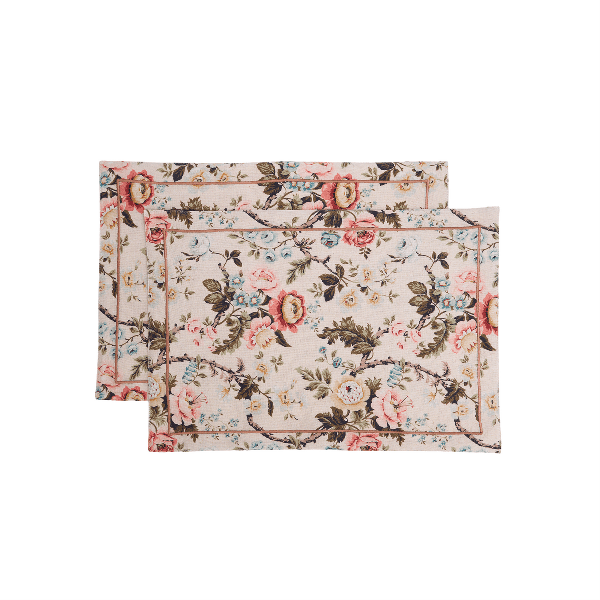Amour Beige Linen Placemat | Vintage Rose Print & Embroidered Border | 13 × 19 inches | Sets of 2, 4 & 6