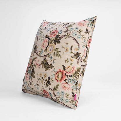 Beige Linen Pillow Cover with Vintage Rose Print Reversible
