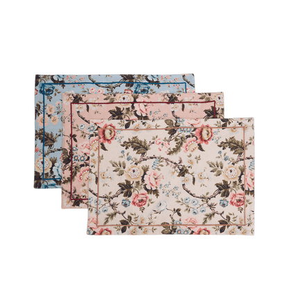 Blush Linen Cotton Placemat with Vintage Rose Print 13x19 inches