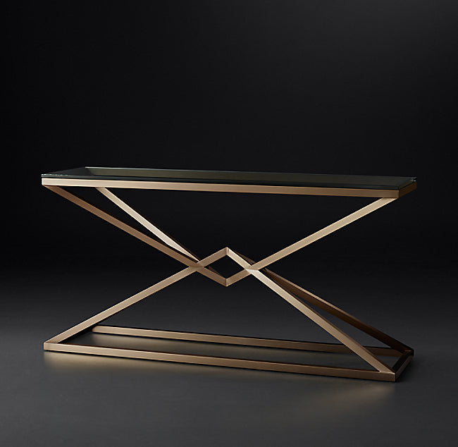 Empire 1970s Geometric Console Table with Clear Glass & Metal Base