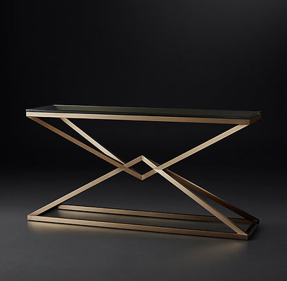Empire 1970s Geometric Console Table with Clear Glass & Metal Base