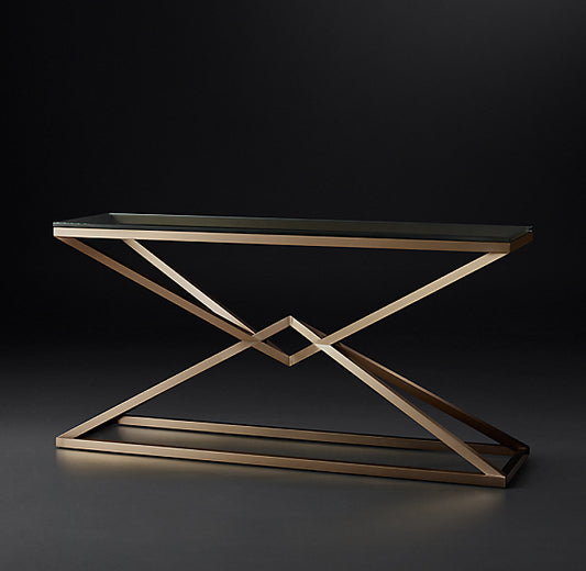 Empire 1970s Geometric Console Table with Clear Glass & Metal Base
