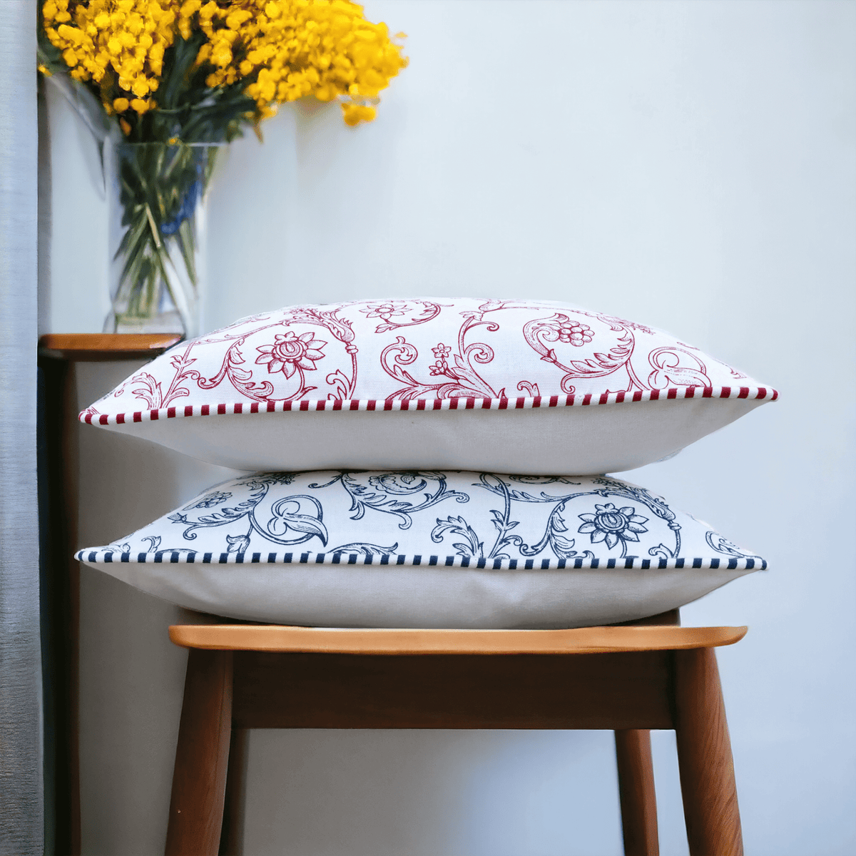 Blue & White Victorian Swirl Print Cotton Cushion Cover | Welted | Zip Closure | 4 Sizes