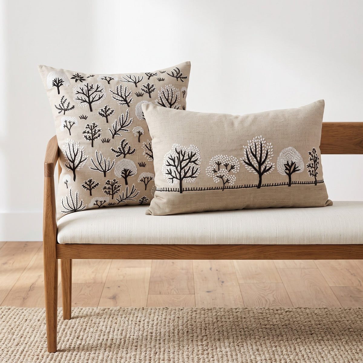 FROSTED FOREST - Pure Linen Pillow Cover with White & Black Embroidery - 18x18 inches