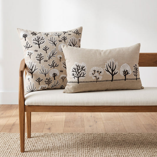 FROSTED FOREST - Pure Linen Pillow Cover with White & Black Embroidery - 18x18 inches