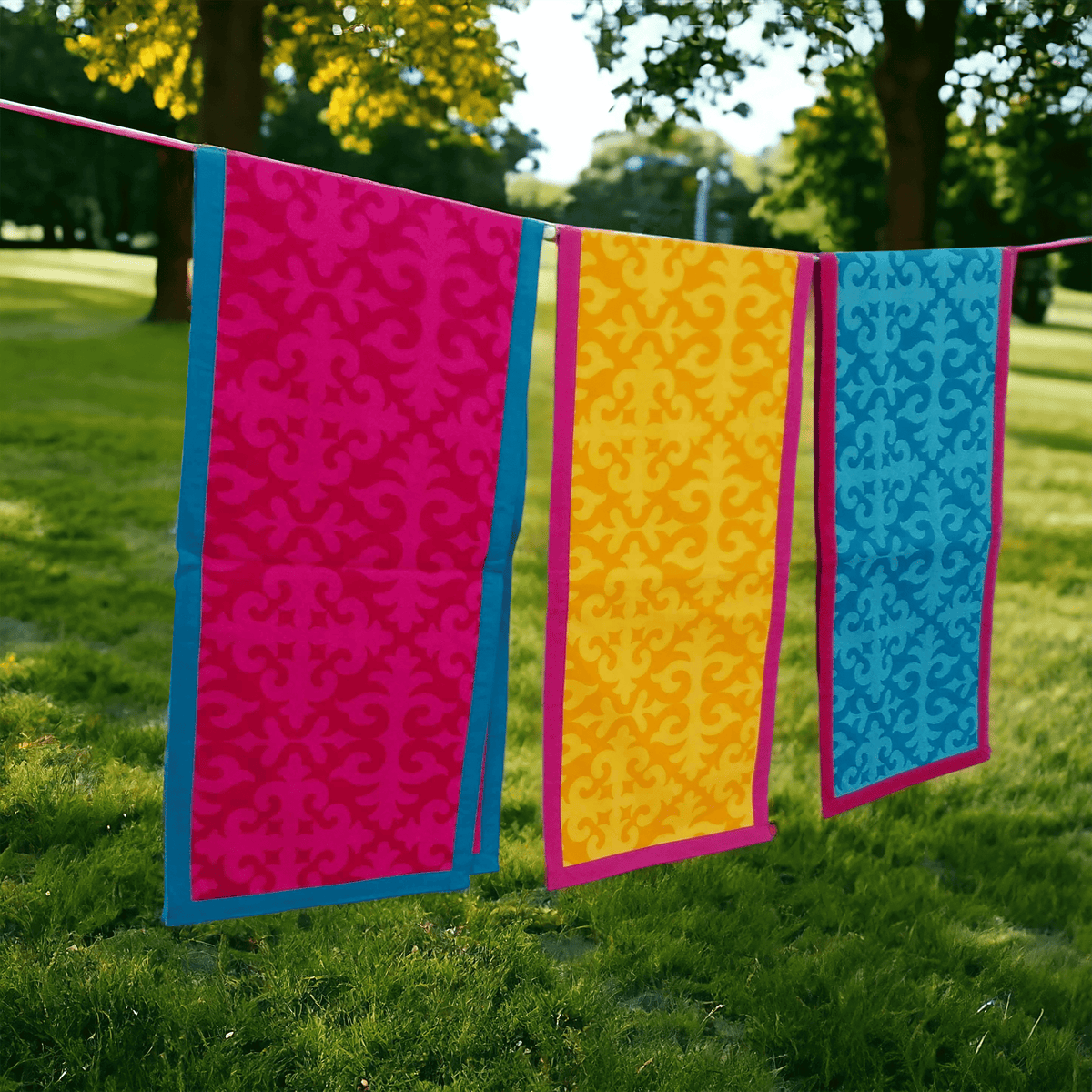 Shyrdak Yellow Cotton Table Runner – Tone-on-Tone Scroll Print with Hot Pink Border | 2 Sizes