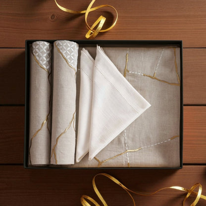 KINTSUGI Table Linen GIFT PACK - Linen and Cotton with Gold Zari and White Silk Embroidery