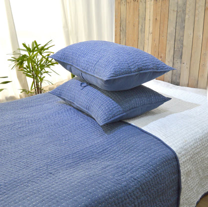 Denim blue stonewashed cotton kantha quilt set, Sizes available