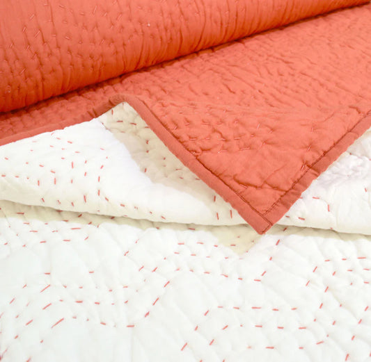 Kantha Bedspread - Rust colour with chevron pattern quilting