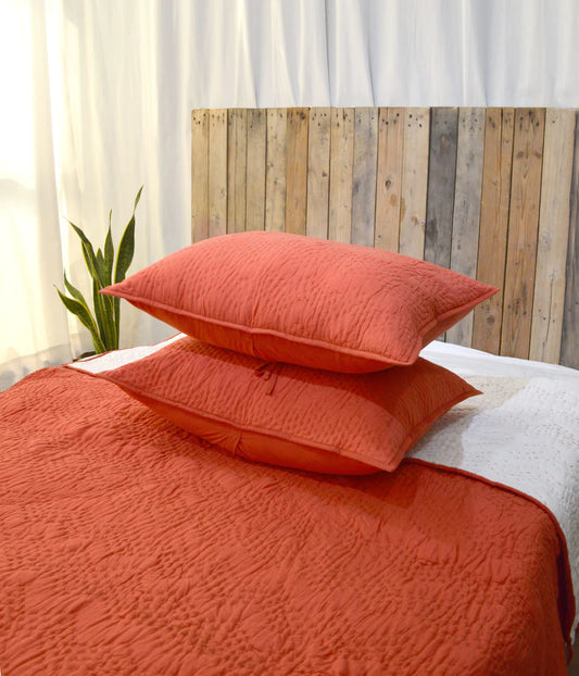 Rust cotton chevron kantha quilt set – Quilt with coordinated pillow covers, sizes available
