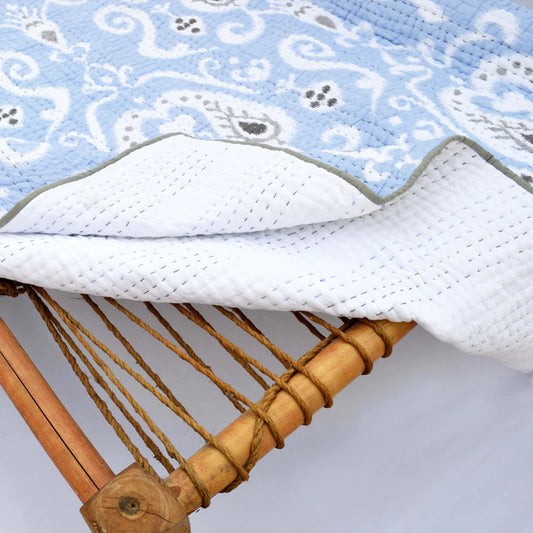 Quilted bedspread, ikat print Blue colour cotton quilt, sizes available