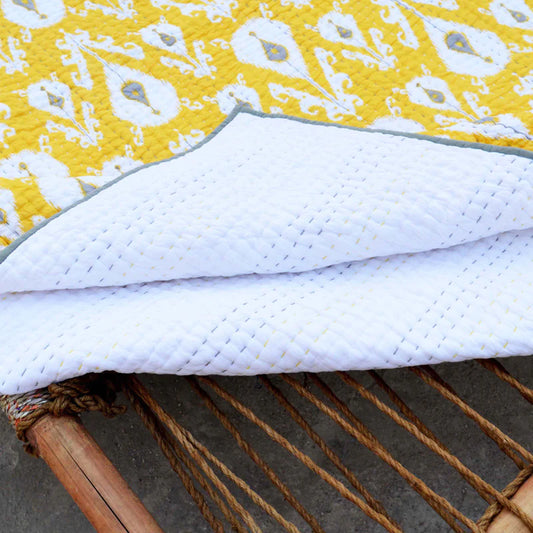 Quilted bedspread, ikat print yellow colour cotton quilt, Sizes available