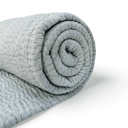 Duck Egg Kantha Cotton Quilt | Stripe Pattern | Handmade | Single, Queen & King