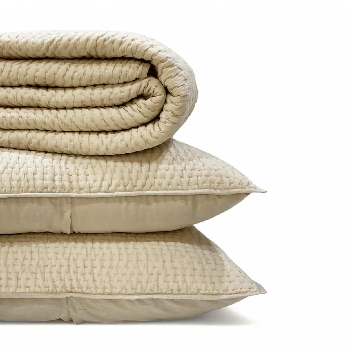 Sandstone Kantha Cotton Quilted Bed Set | Stripe Pattern | Handmade | Twin, Queen & King
