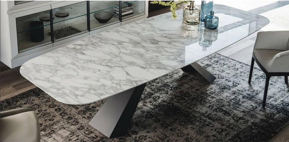 Cello Modern Marble Top Dining Table, Metal Base, 8 Seater Luxury Dining