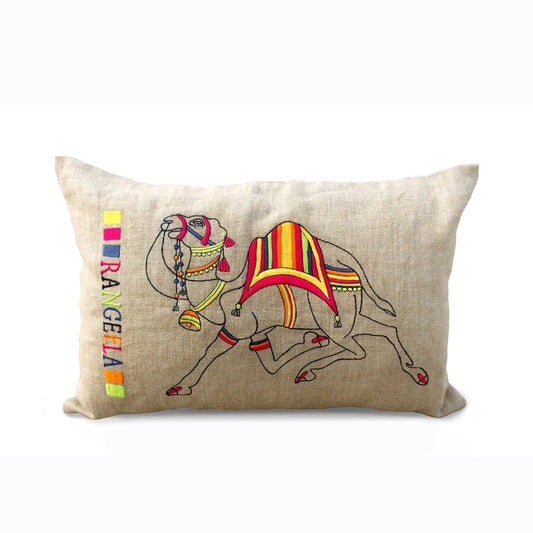 Rangeela Pure Linen Cushion Cover with Bright Embroidered Design