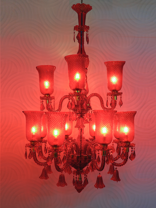 Classic 12 Light Red Molded Glass Chandelier with lights on