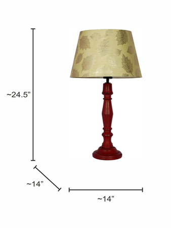 French Farmhouse Distressed Red Wooden Table Lamp with 14 Inch Gold leaf pattern Tapered Fabric Shade