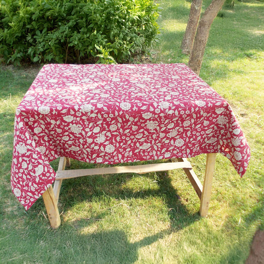 Marsala Kalamkari Cotton Table Cover Handcrafted Maroon Floral Print