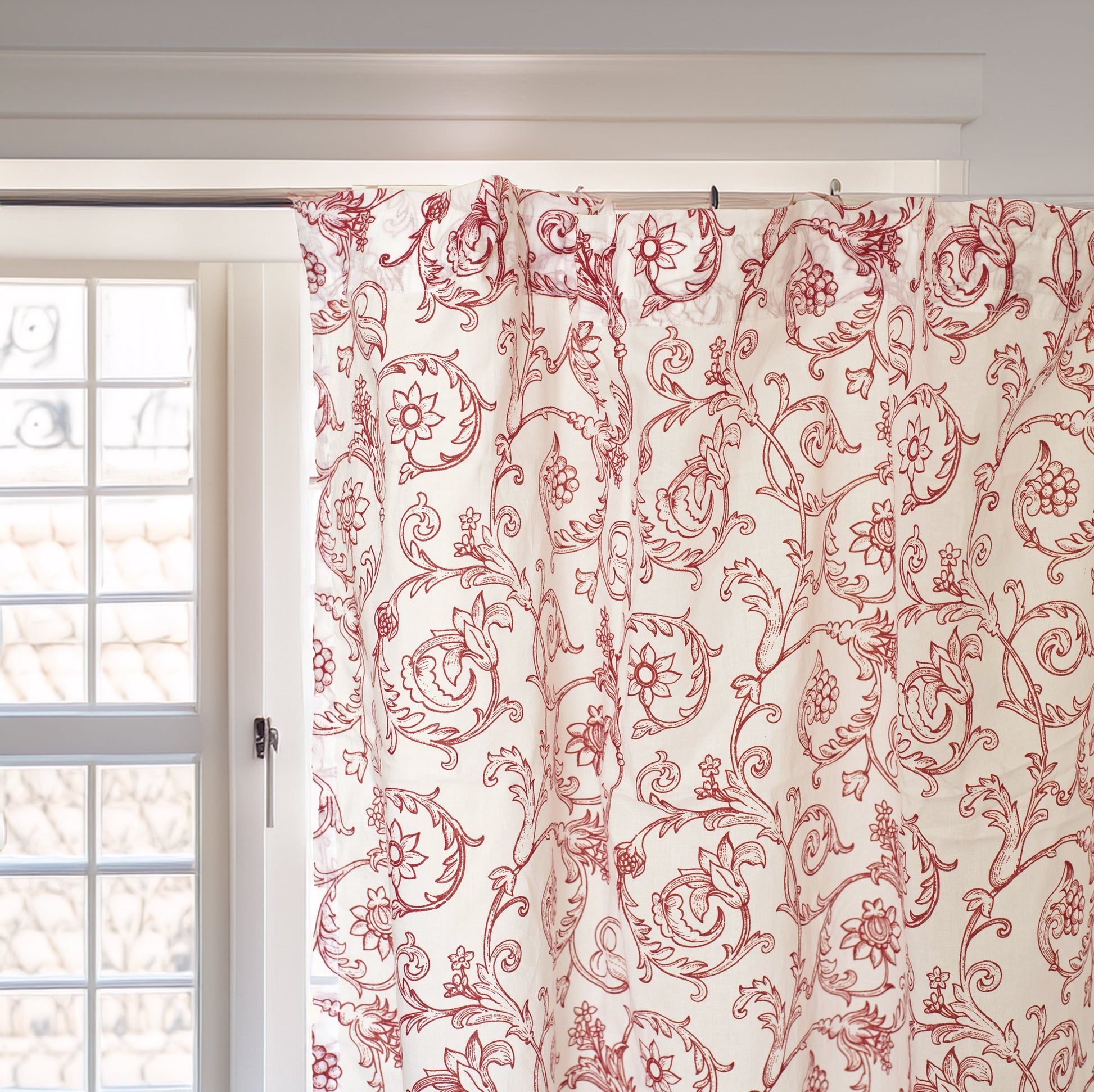 Red Swirl Cotton Voile Sheer Printed Curtain Panel Victorian Design