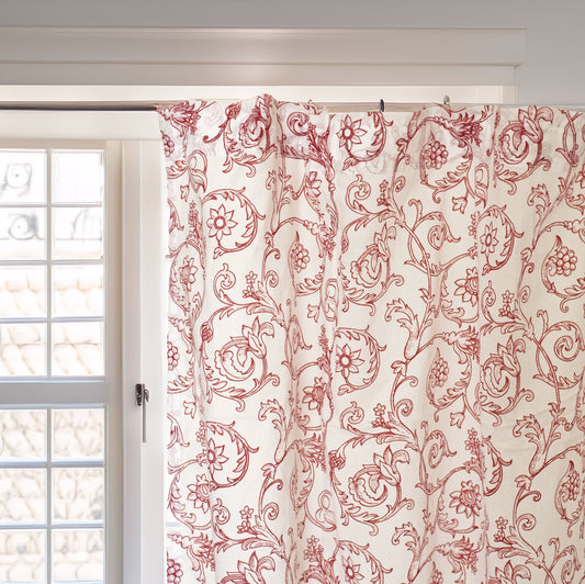 Red Swirl Cotton Voile Sheer Printed Curtain Panel Victorian Design