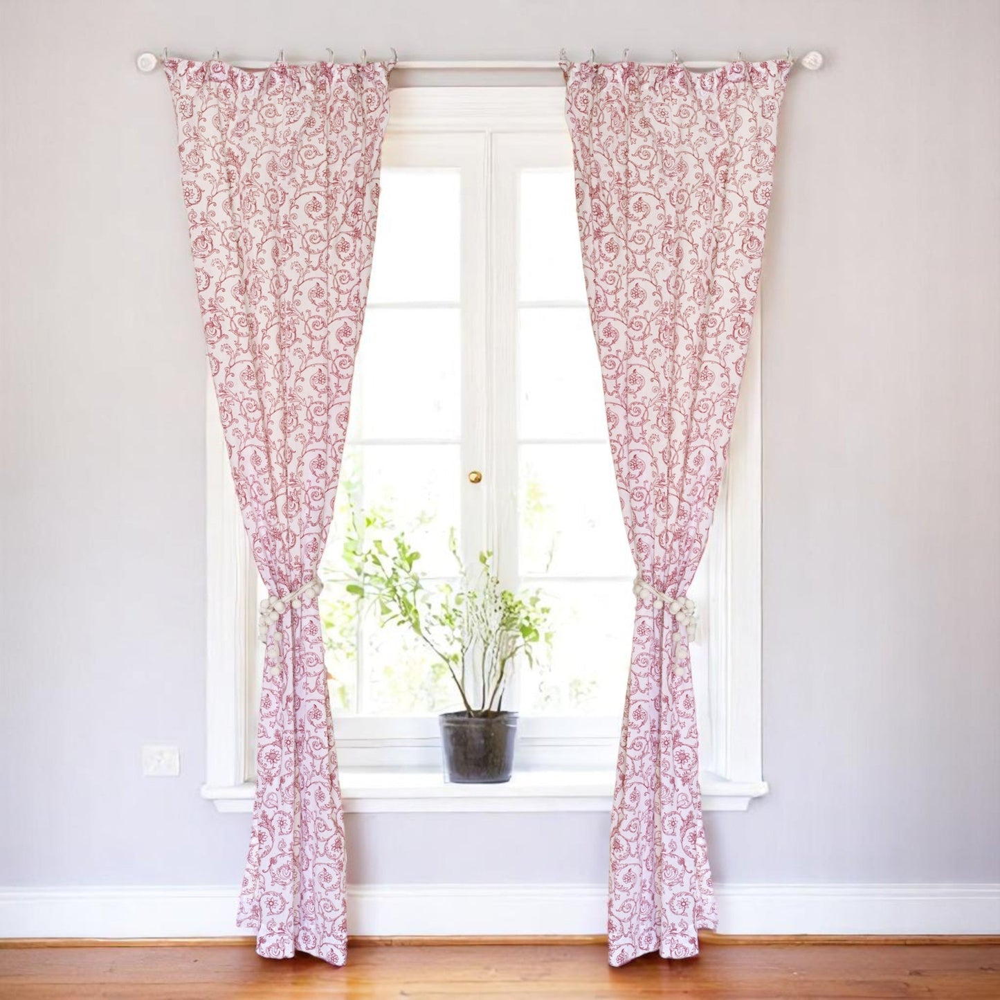 Red Swirl Cotton Voile Sheer Printed Curtain Panel Victorian Design
