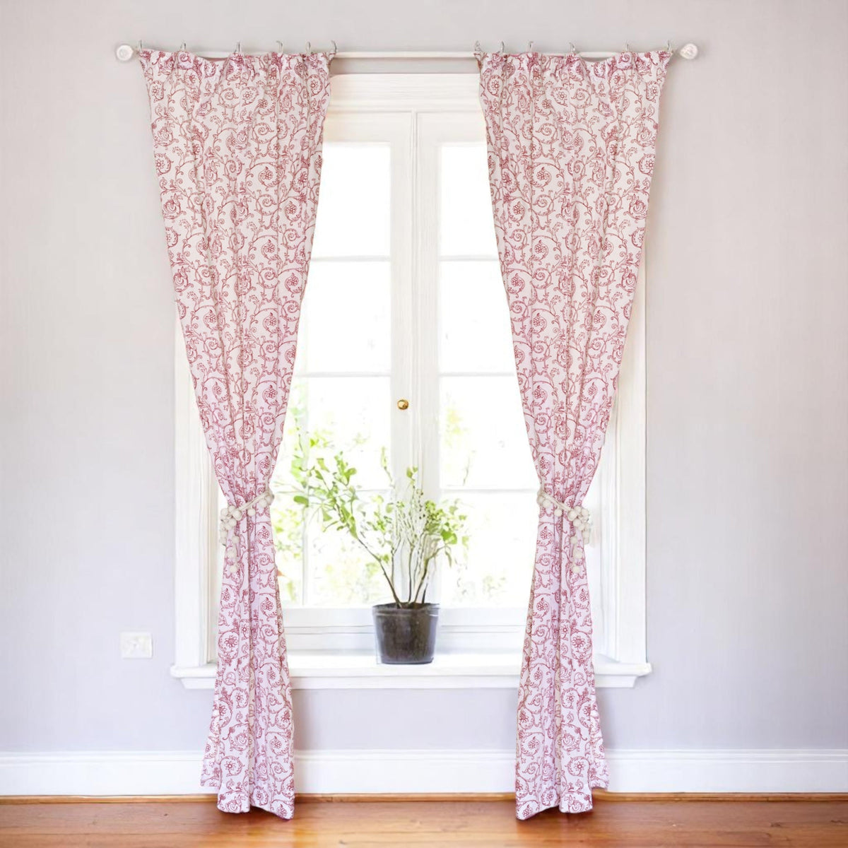 Red Swirl Sheer Curtain Panel | Victorian Print Cotton Voile | 2 Sizes | 4 Hanging Styles