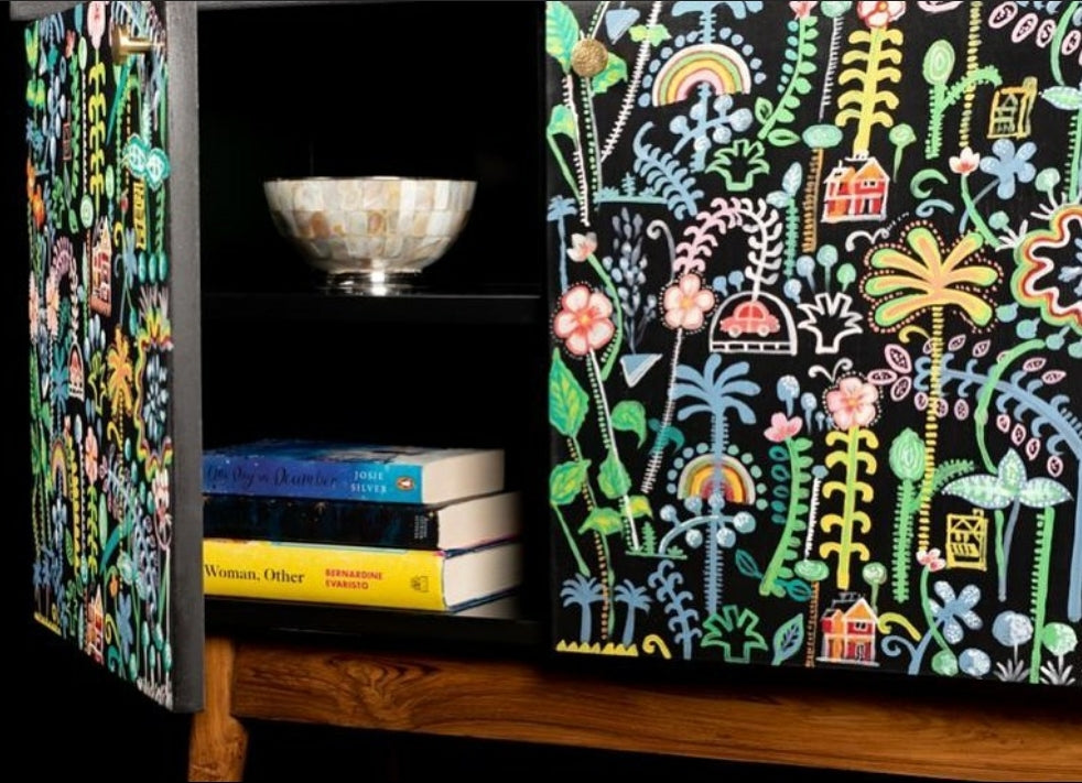 hand painted and handcrafted mid century retro sideboard